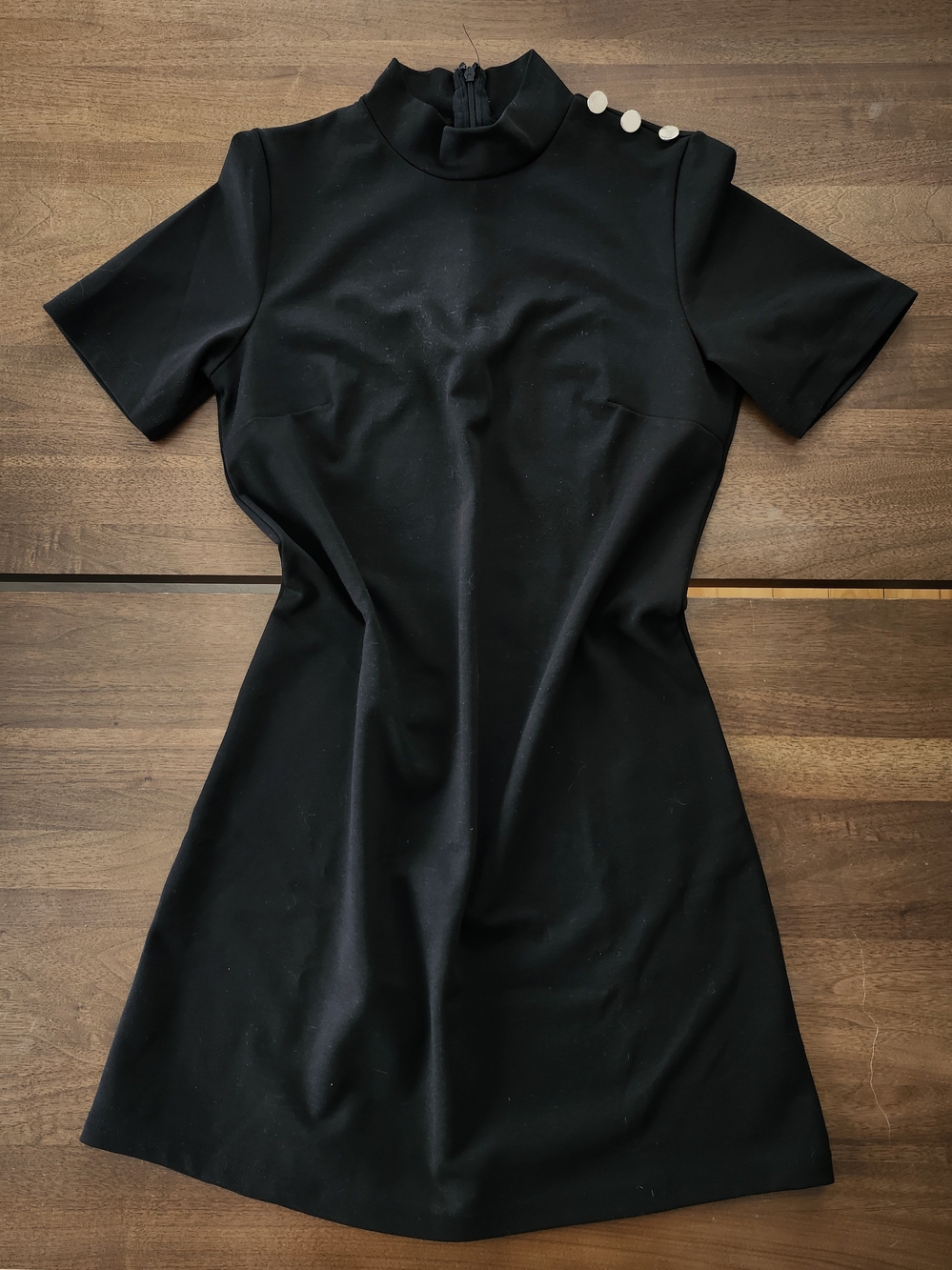 Black Mock Neck Short Sleeve Dress with Shoulder Buttons
